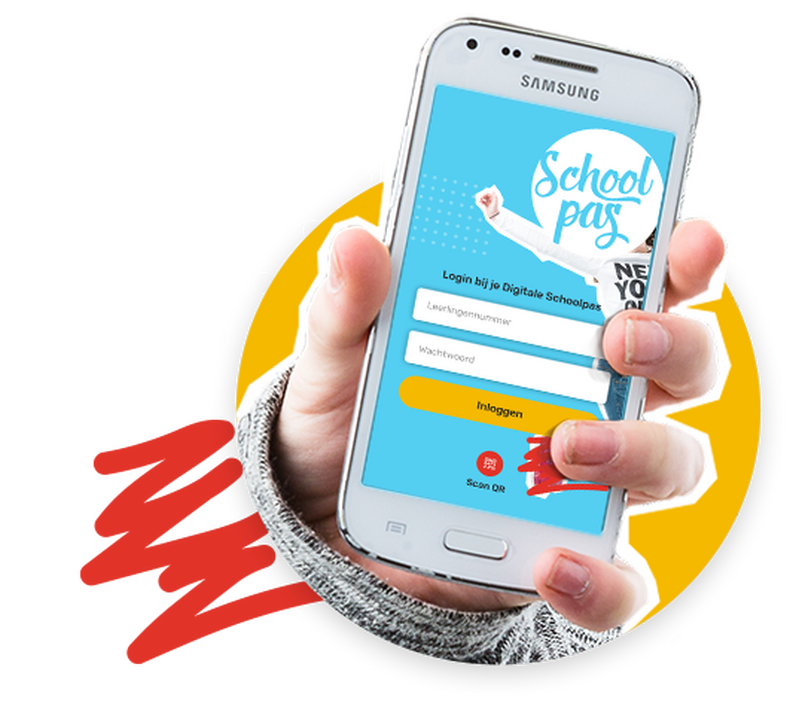 Telefoon met inlogscherm van Digitale Schoolpas app